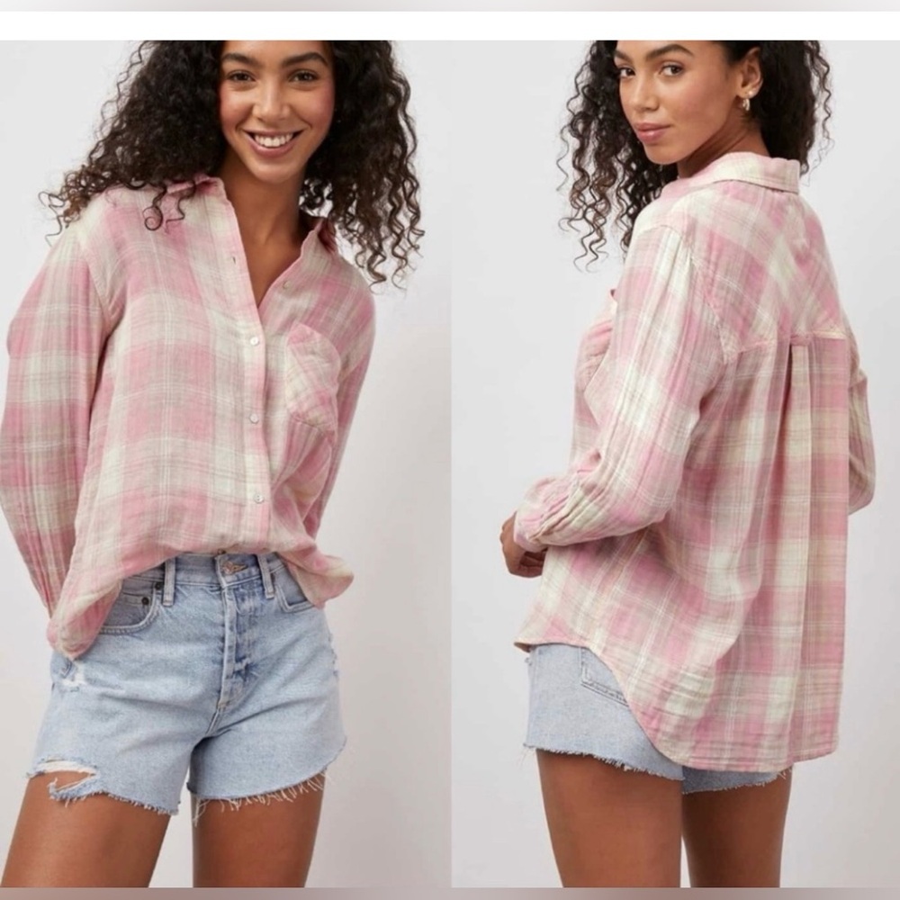 Rails Ellis Rose Sand Plaid Organic Cotton ButtonDown Western Cowgirl Top Sz S